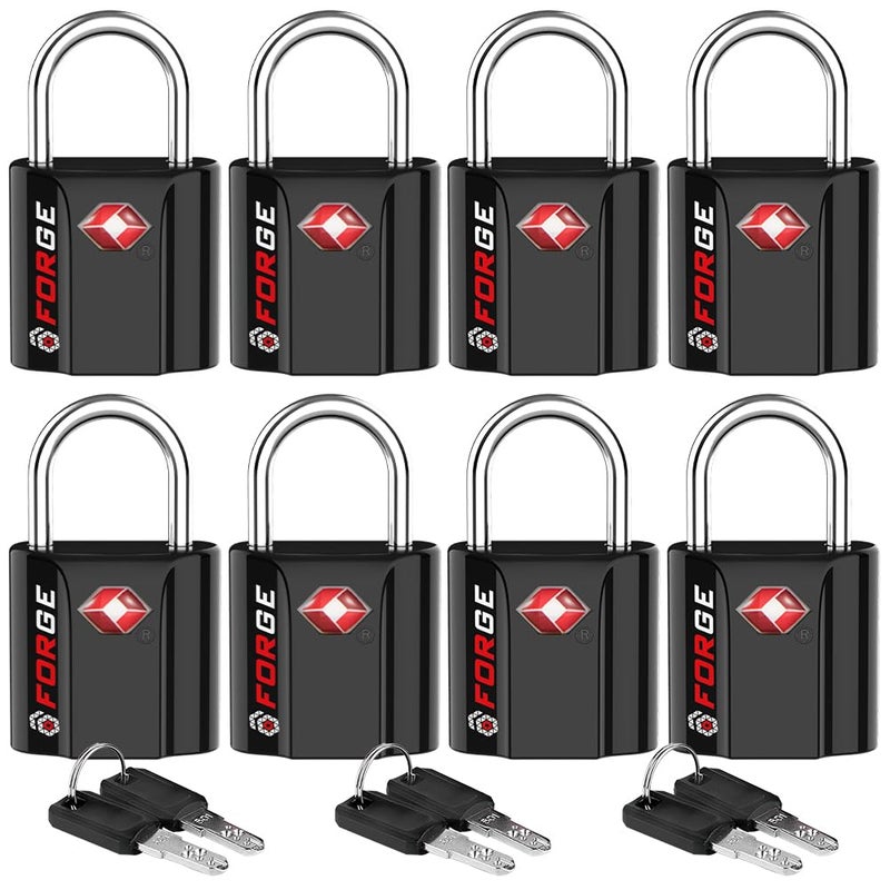 Forge Small Size TSA Approved Luggage Locks: Key Locks for Travel. Ultra Secure Dimple Key Travel Locks Alloy Body Luggage Locks. Black 8 Pack. - Image 1